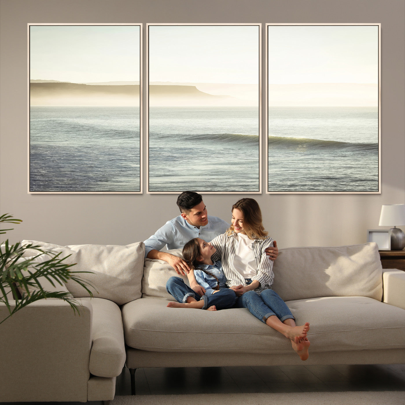 39310633-MGV-FC-60X30-3P-Coastal Cliffs Wall Art Canvas Print, Framed Misty Ocean Art Picture Print, Soft Morning Perfect Minimalistic Decor, Framed Misty Ocean,