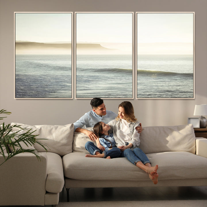 Canvas of a misty ocean scene with coastal cliffs and soft neutral tones, ideal for Scandinavian coastal or minimalist nature-inspired home decor.