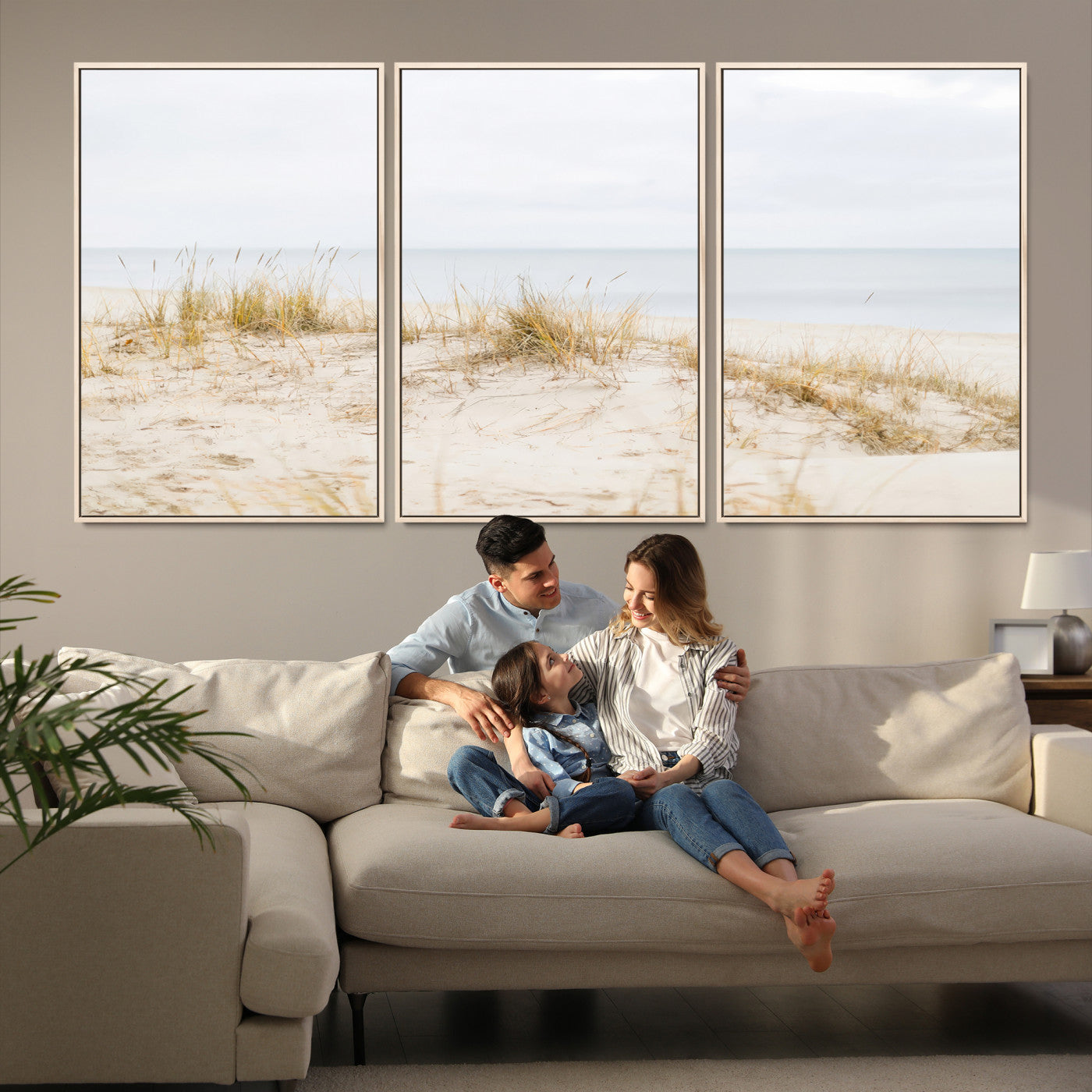 13146857-MGV-FC-60X30-3P-Beach Dunes Wall Art Canvas Print, Framed Coastal Grass Art Picture Print, Sand Perfect Minimalist Decor, Framed Sand Dunes Canvas