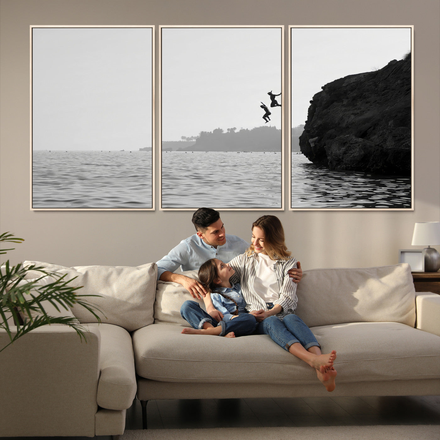 52284302-MGV-FC-60X30-3P-Jumping Wall Art Canvas Print, Framed Ocean Art Picture Print, Coastal Perfect Coastal Decor, Framed Cliff Diving Wall Art