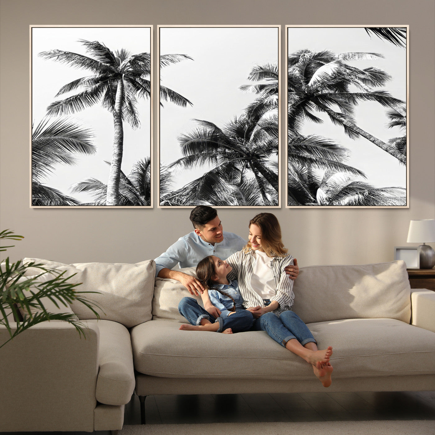 46641801-MGV-FC-60X30-3P-Palm Wall Art Canvas Print, Framed Tropics Art Picture Print, Monochrome Perfect Minimalist Decor