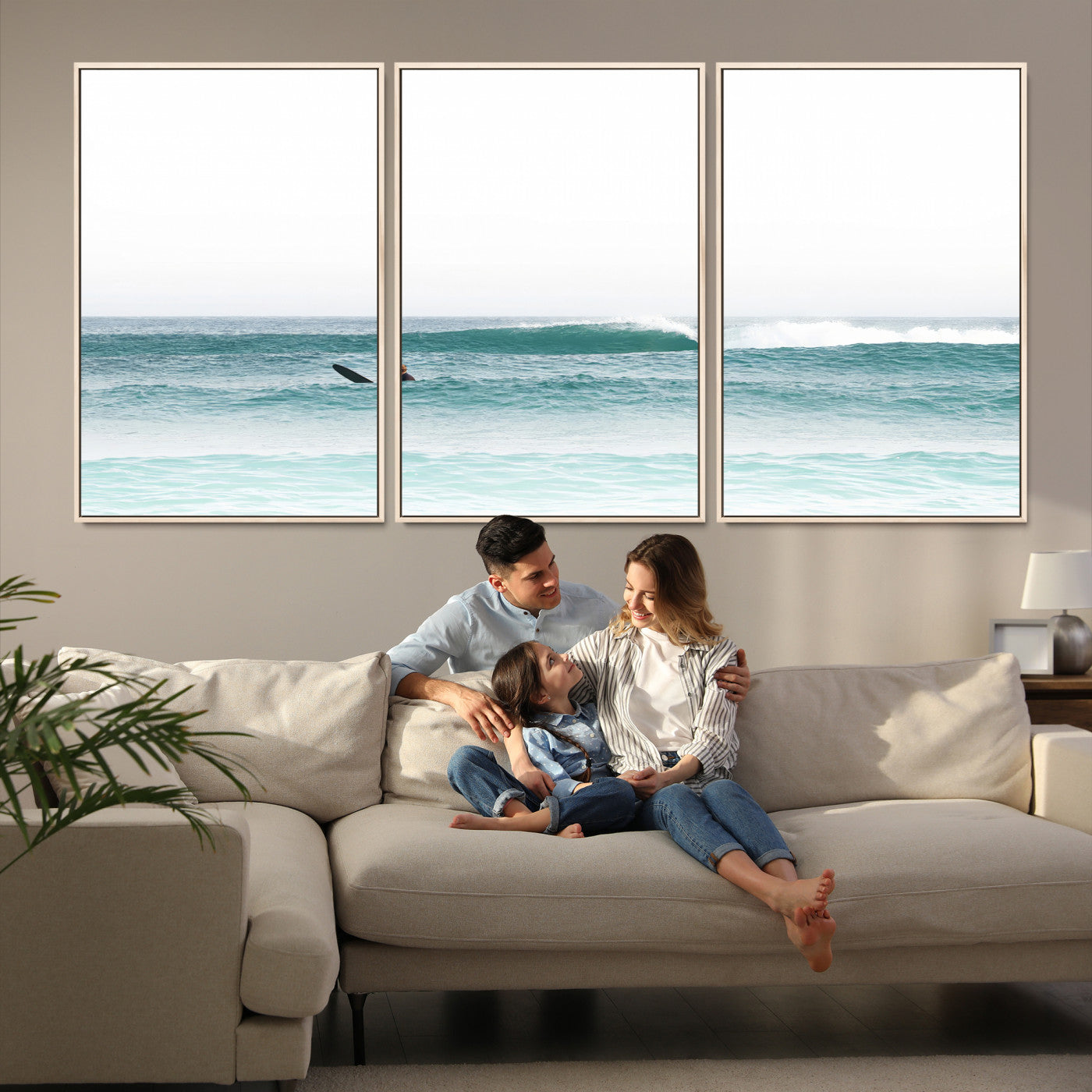56345117-MGV-FC-60X30-3P-Surfing Wall Art Canvas Print, Framed Ocean Art Picture Print, Waves Perfect Minimalist Decor