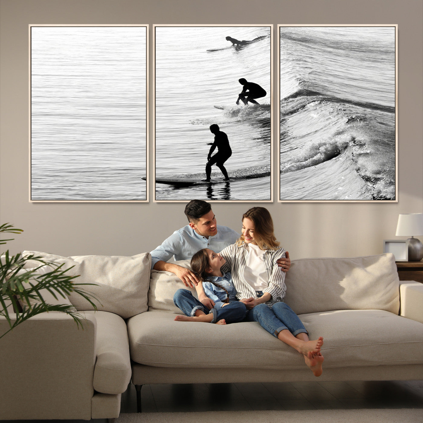 19875284-MGV-FC-60X30-3P-Surfers on Waves Wall Art Canvas Print, Framed Black White Surf Art Picture Print, Monochrome Ocean Perfect Modern Coastal Decor, Surfers on