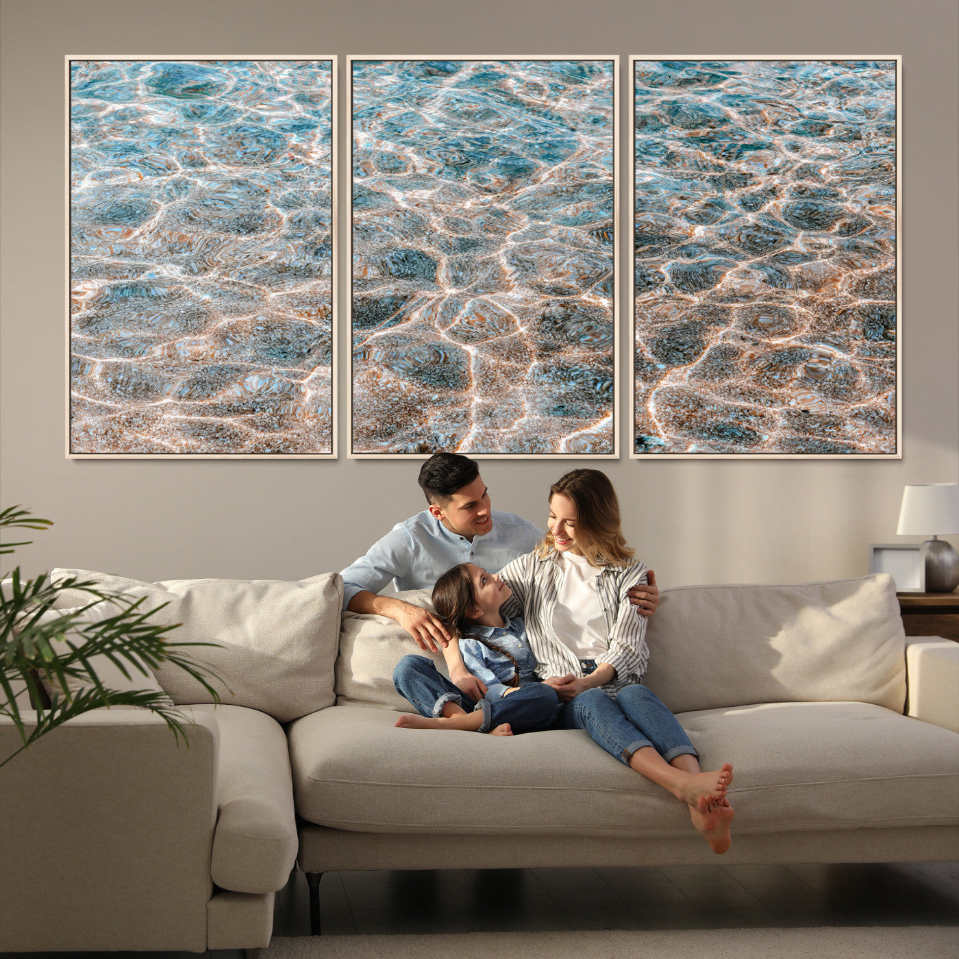 26580287-MGV-FC-60X30-3P-Clear Water Wall Art Canvas Print, Framed Sunlit Ripples Art Picture Print, Ocean Texture Perfect Modern Coastal Decor