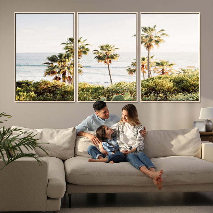 Framed print of sunlit palm trees on the California coast with warm tones, perfect for coastal minimalist or beach-style home decor.