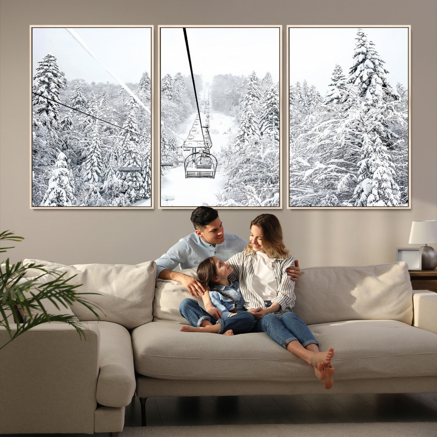 44705668-MGV-FC-60X30-3P-Winter Forest Wall Art Canvas Print, Framed Snowy Forest Art Picture Print, Winter Ski Lift Perfect Scandinavian Minimalist 3/3 Decor