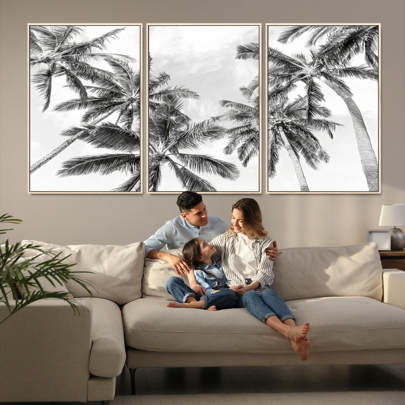 62113786-MGV-FC-60X30-3P_Natural-Black White Palm Wall Art Canvas Print, Framed Monochrome Tropics Art Picture Print, Coastal Minimalist Decor