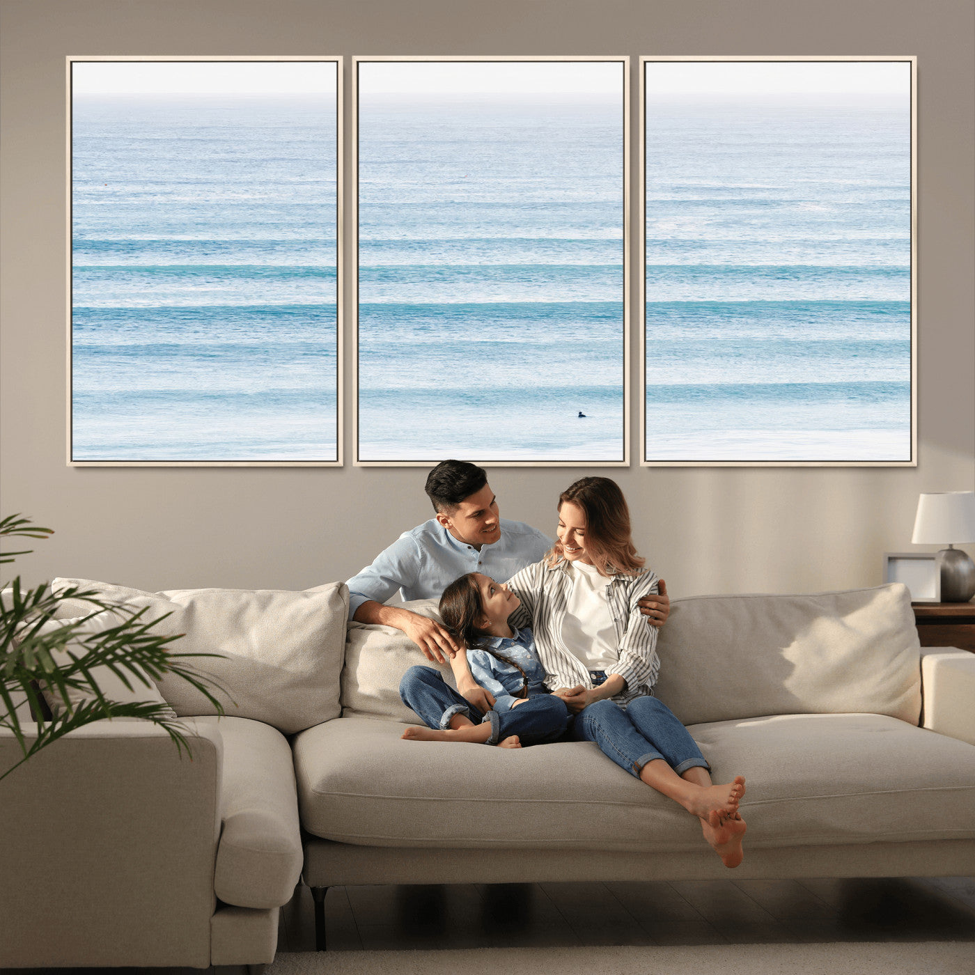 77145995-MGV-CV-36X24-Ocean Wave Surfer Wall Art – Framed Minimal Seascape Canvas Artwork, Calm Blue Water Design, Coastal Decor for Home, Office