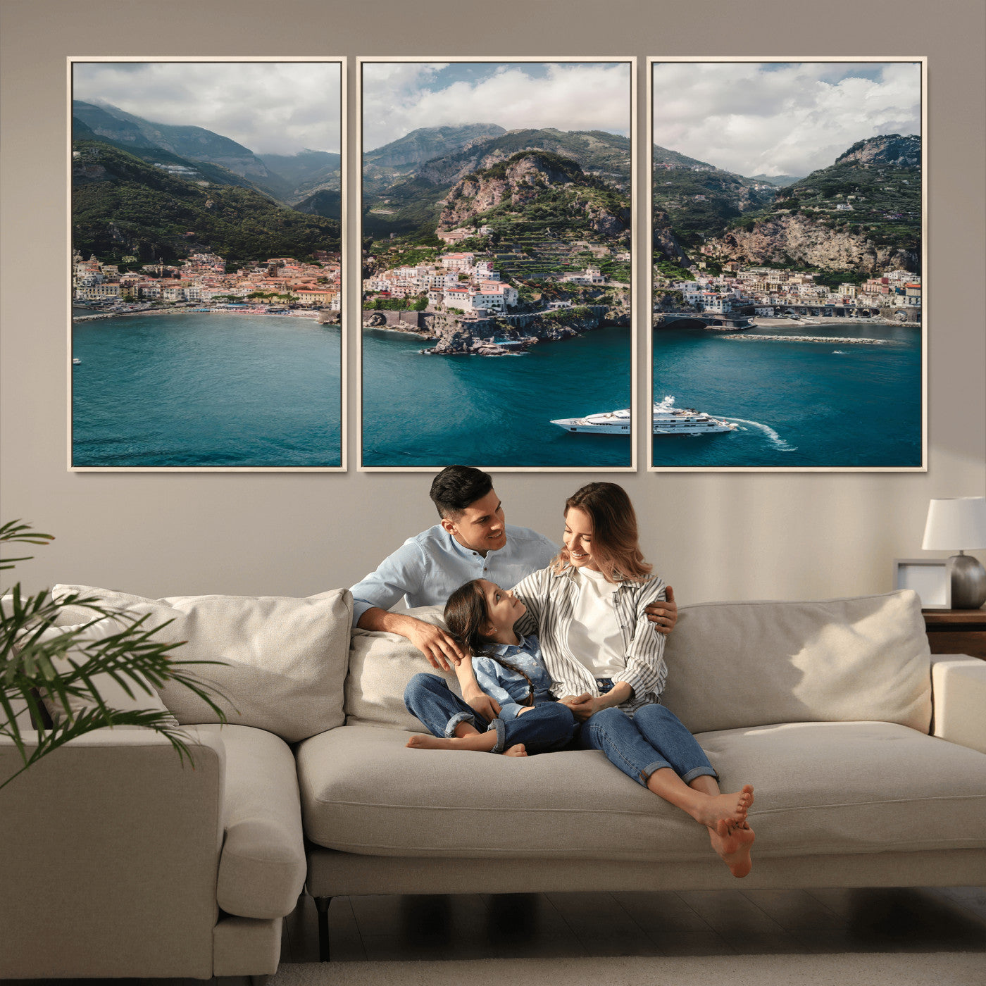 20321590-MGV-CV-36X24-Amalfi Coast Wall Art – Framed Italian Seaside Canvas Artwork, Mediterranean Landscape Design, Coastal Decor for Home, Office