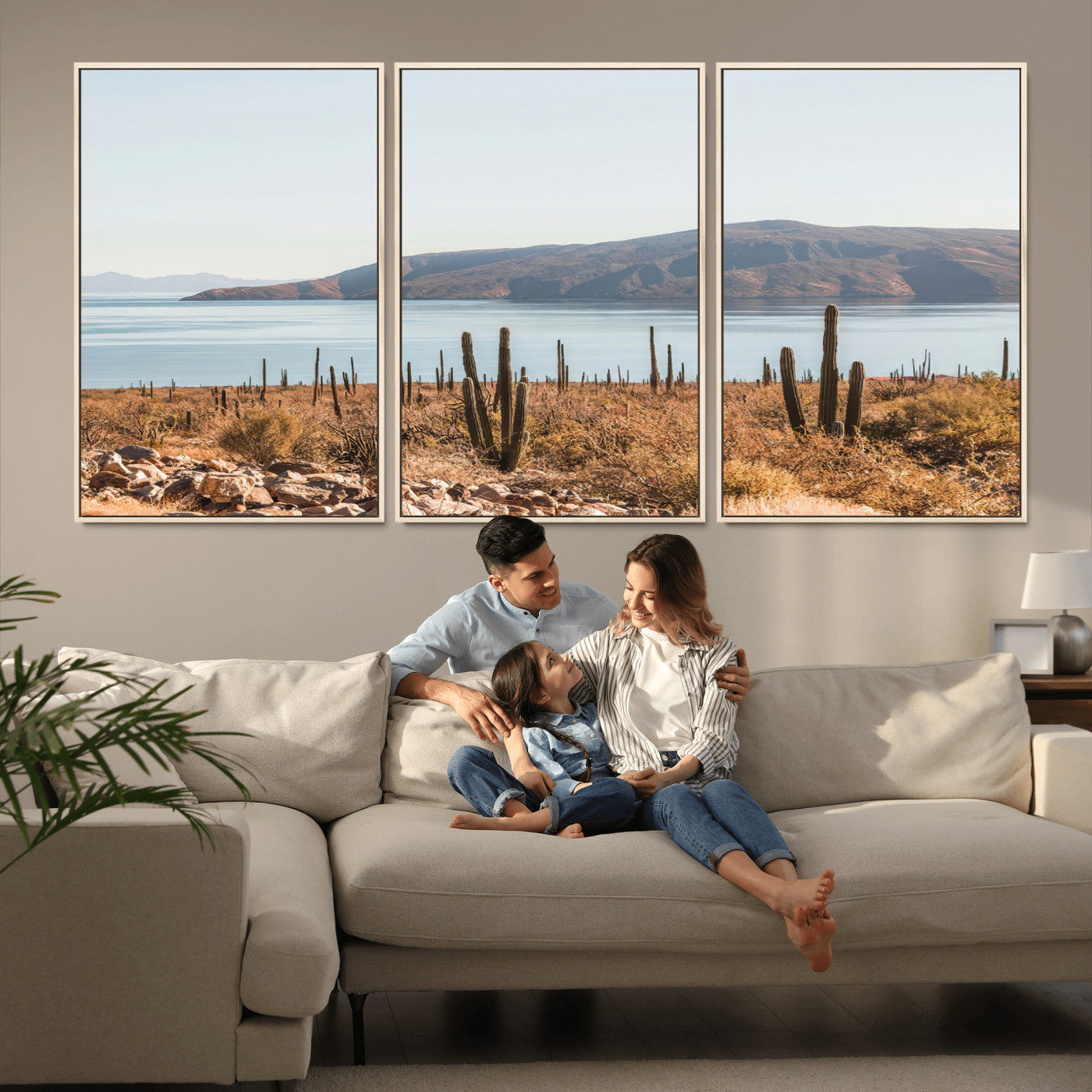 MGV-FC-60X30-3P - Desert Cactus Wall Art Canvas Print, Framed Baja Coastline Art Picture Print, Coastal Desert Perfect Southwestern Minimalist Decor Artwork