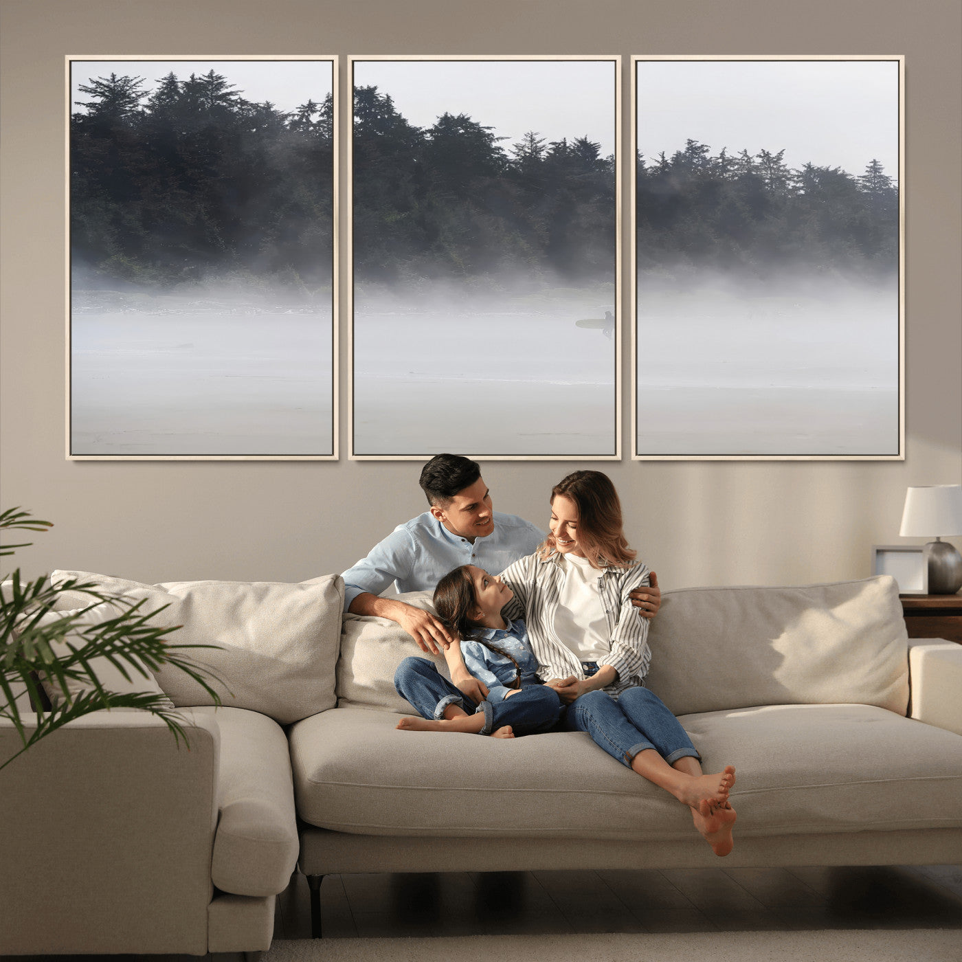 59703275-MGV-CV-36X24-Surfer Fog Wall Art Canvas Print – Framed Foggy Beach Scene with Coastal Surf Artwork for Home, Office, Living Room