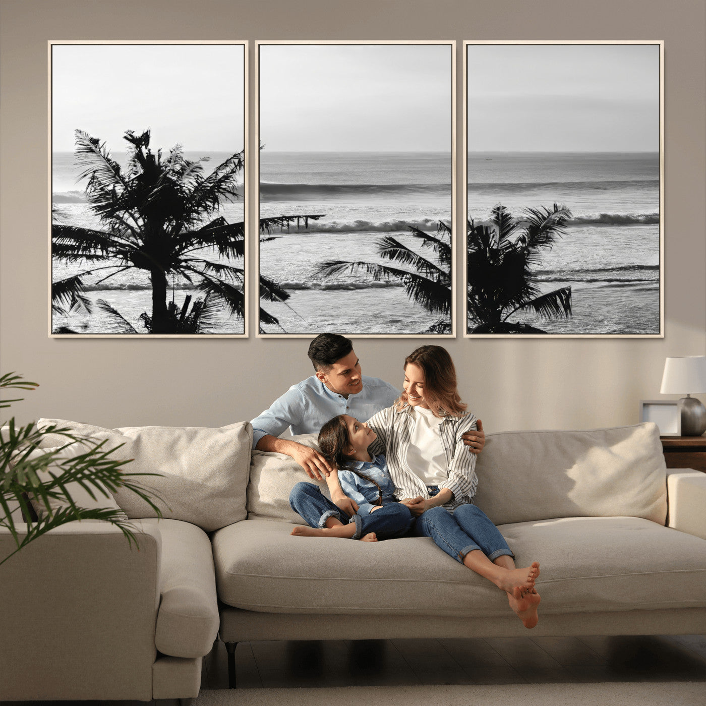 17508038-MGV-CV-36X24-Tropical Coastline Wall Art Canvas Print – Framed Palm Trees Scene with Ocean Waves Artwork for Home, Office