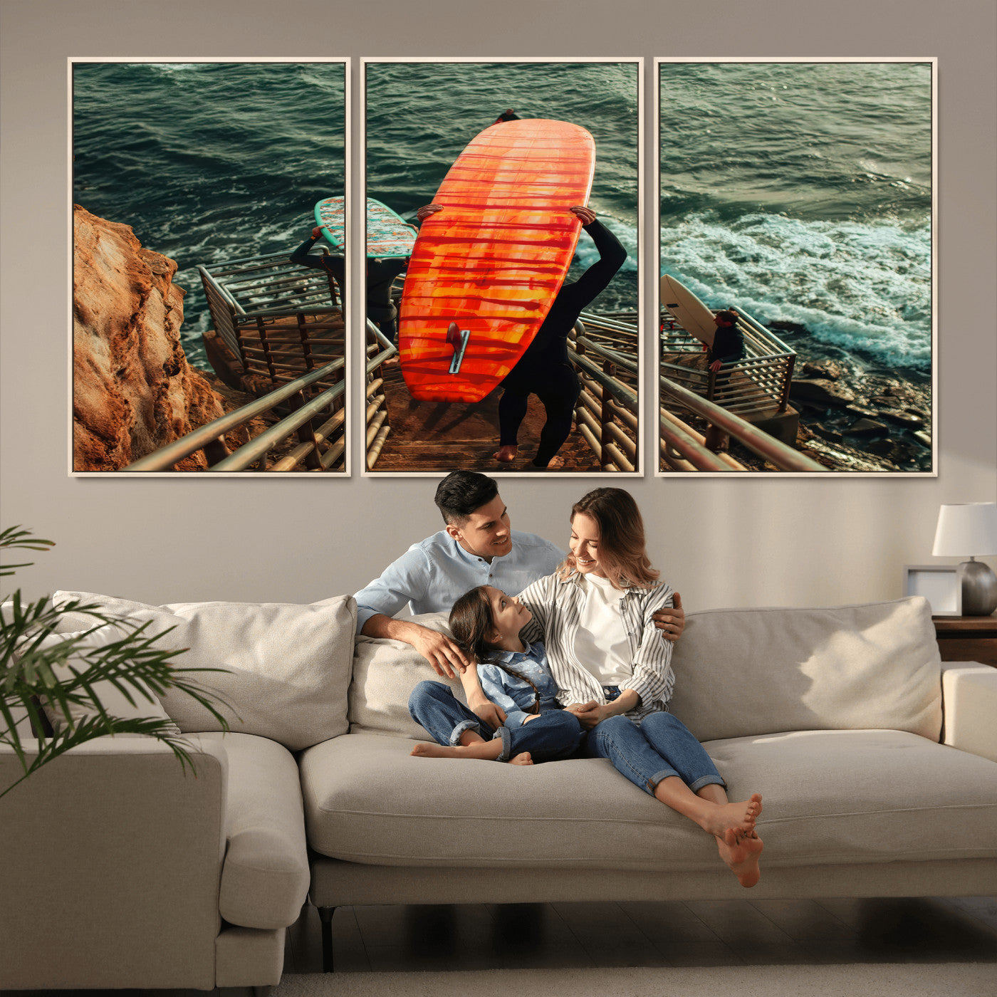 MGV-FC-60X30-3P - Surfer Stairway Wall Art Canvas Print, Framed Ocean Surf Art Picture Print, Sunset Coastal Perfect Coastal Adventure Decor Artwork