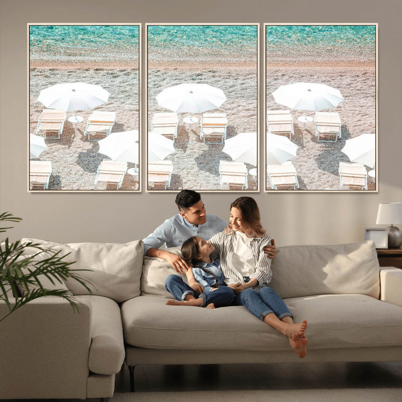 MGV-FC-60X30-3P - Calm Beach Wall Art Canvas Print, Framed Turquoise Water Art Picture Print, Umbrella Shoreline Perfect Coastal Minimalist Decor Artwork