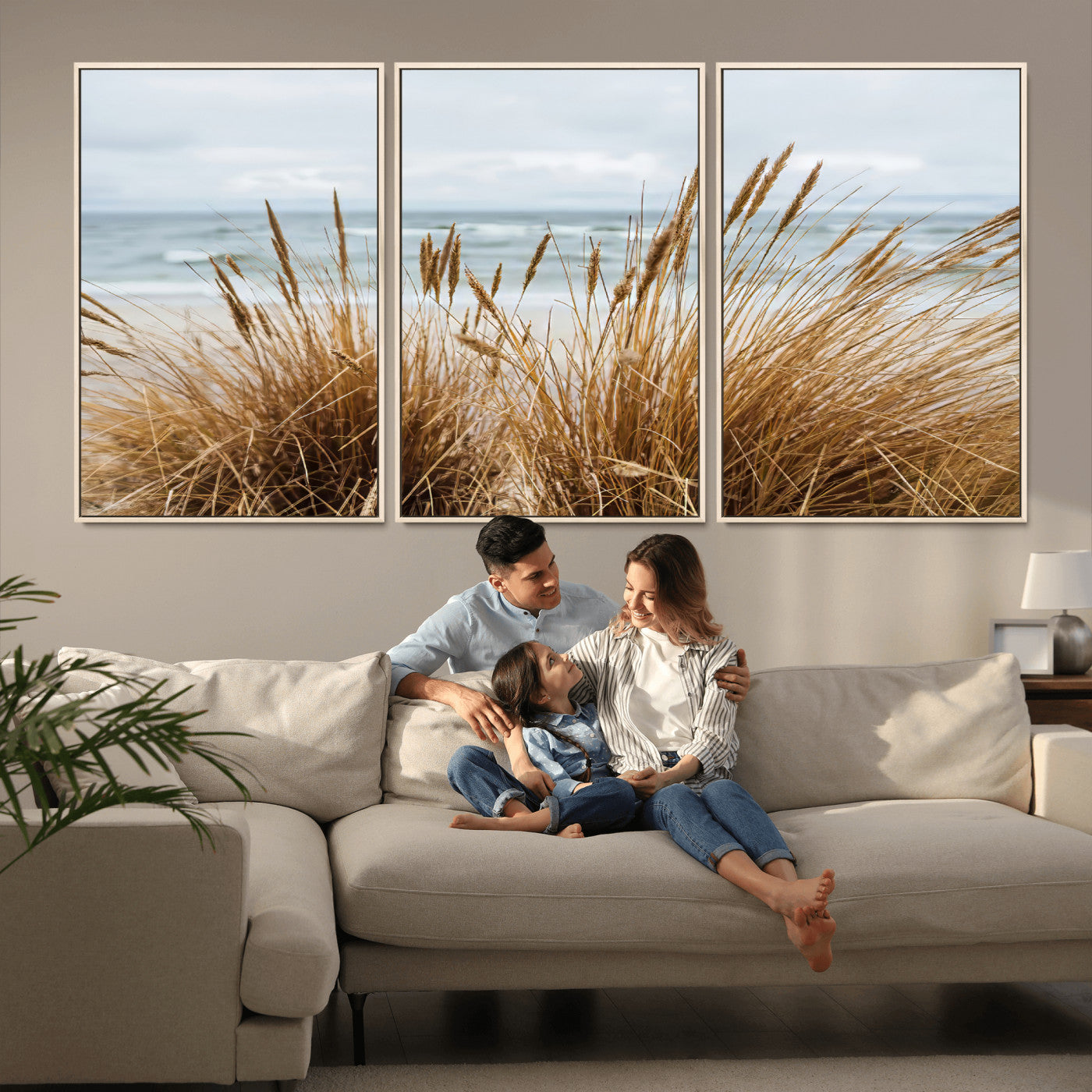 MGV-FC-60X30-3P - Beach Grass Wall Art Canvas Print, Framed Coastal Dunes Art Picture Print, Dune Grass Perfect Coastal Minimalist Decor Artwork