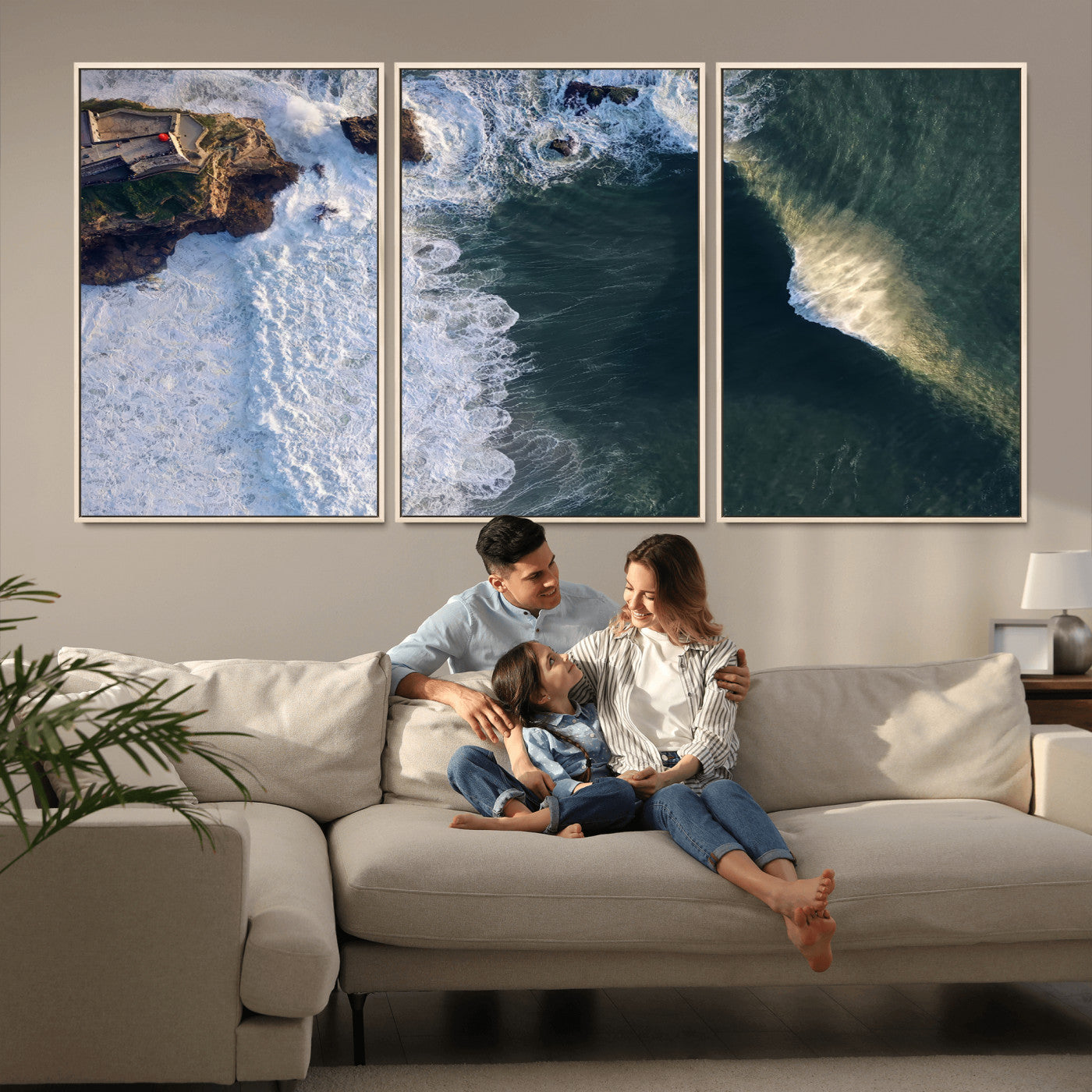 MGV-FC-60X30-3P - Nazaré Coast Wall Art Canvas Print, Framed Aerial Ocean Art Picture Print, Coastal Fortress Perfect Dramatic Coastal Decor Artwork