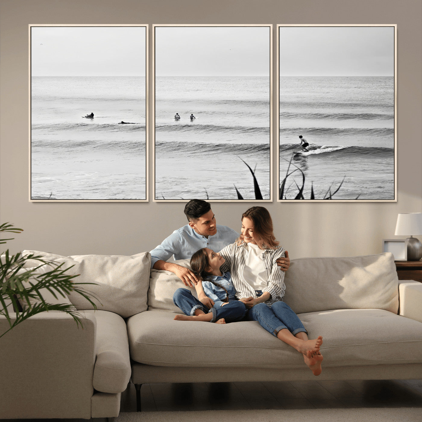 MGV-FC-60X30-3P - Surfer Silhouette Wall Art Canvas Print, Framed Calm Ocean Art Picture Print, Monochrome Surf Perfect Minimalist Coastal Decor Artwork