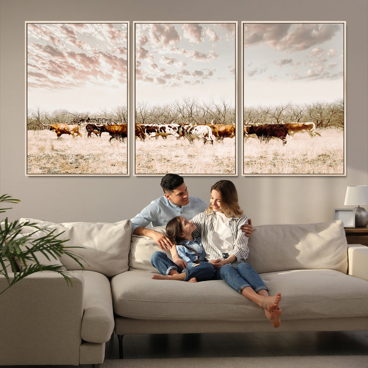 Longhorn Cattle Wall Art Canvas Print, Texas Ranch Print, Framed Western Cow Art Print, Large Prairie Landscape Printing Perfect for Western Decor