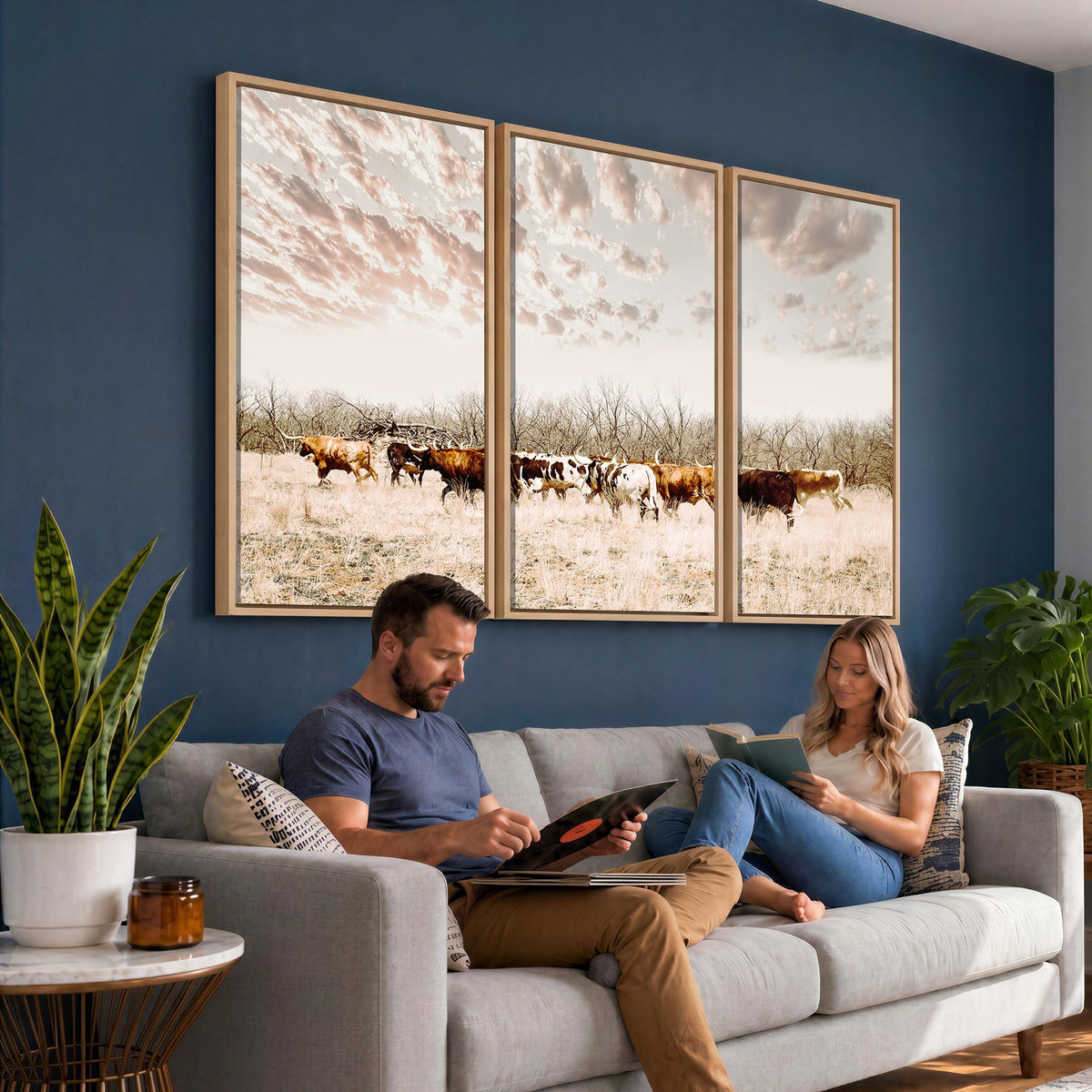 64892775-MGV-CV-24X16 - Longhorn Cattle Wall Art Canvas Print, Framed Texas Ranch Art, Western Cow Print, Prairie Landscape Decor