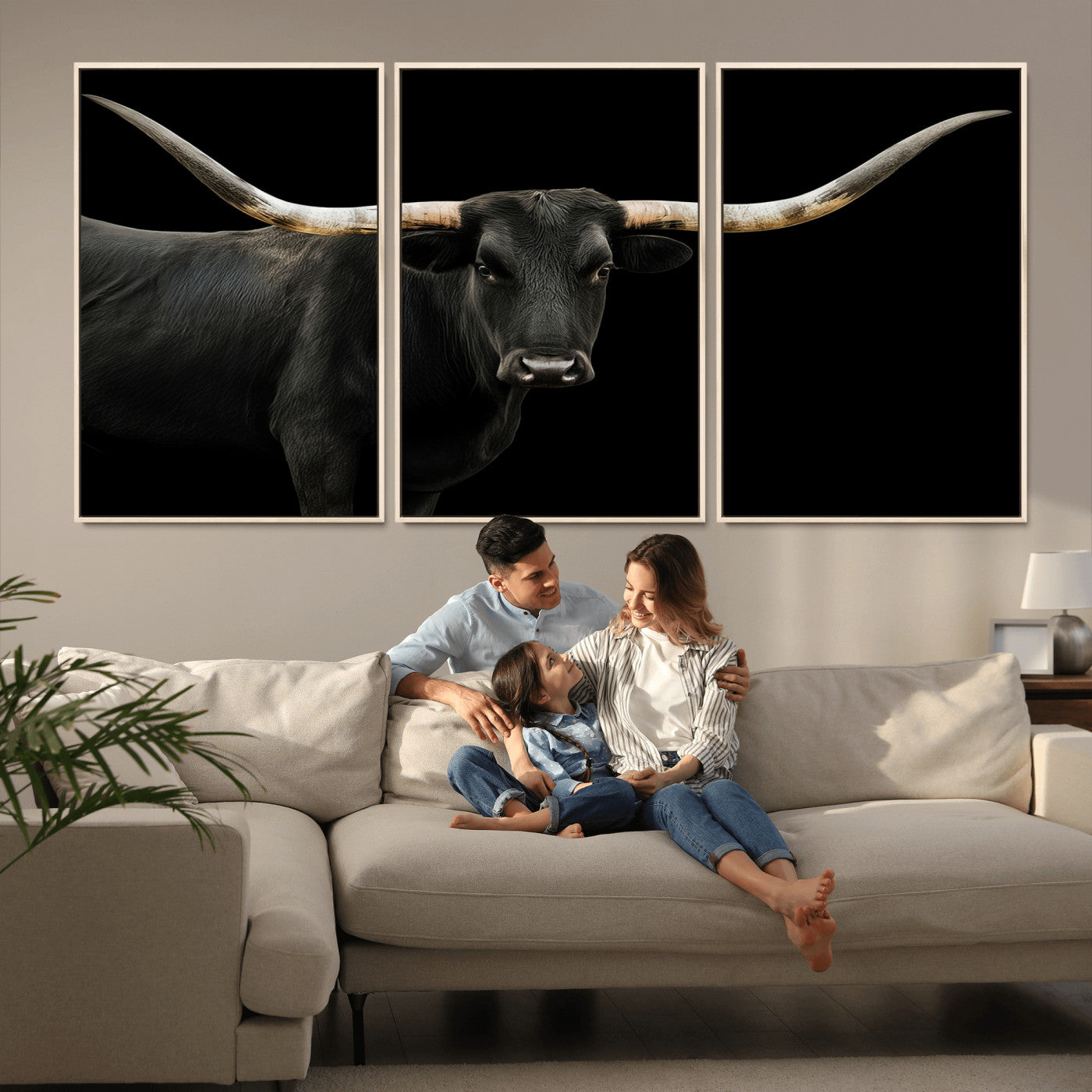 MGV-FC-60X30-3P - Longhorn Cattle Wall Art Canvas Print, Framed Texas Ranch Art Picture Print, Western Cow Perfect Farmhouse Decor Artwork