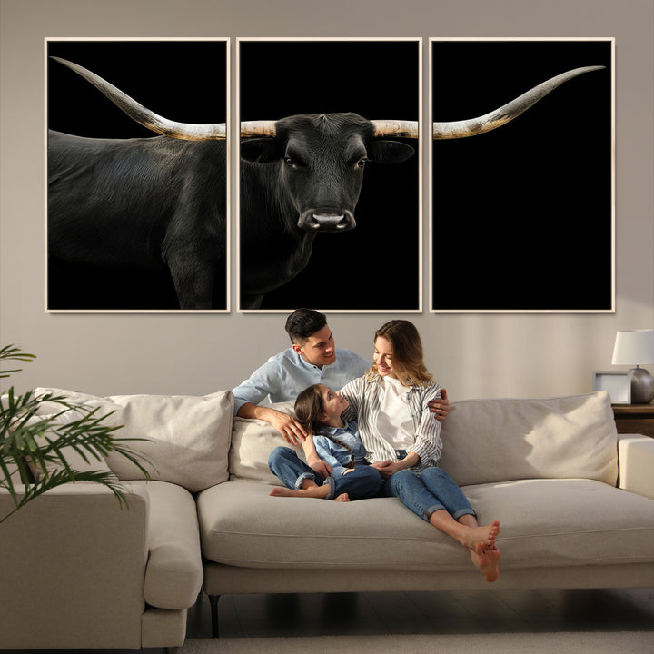 Black White Longhorn Bull Wall Art Canvas Print, Texas Ranch Print, Framed Western Cow Art Print for Farmhouse Decor - Longhorn Print