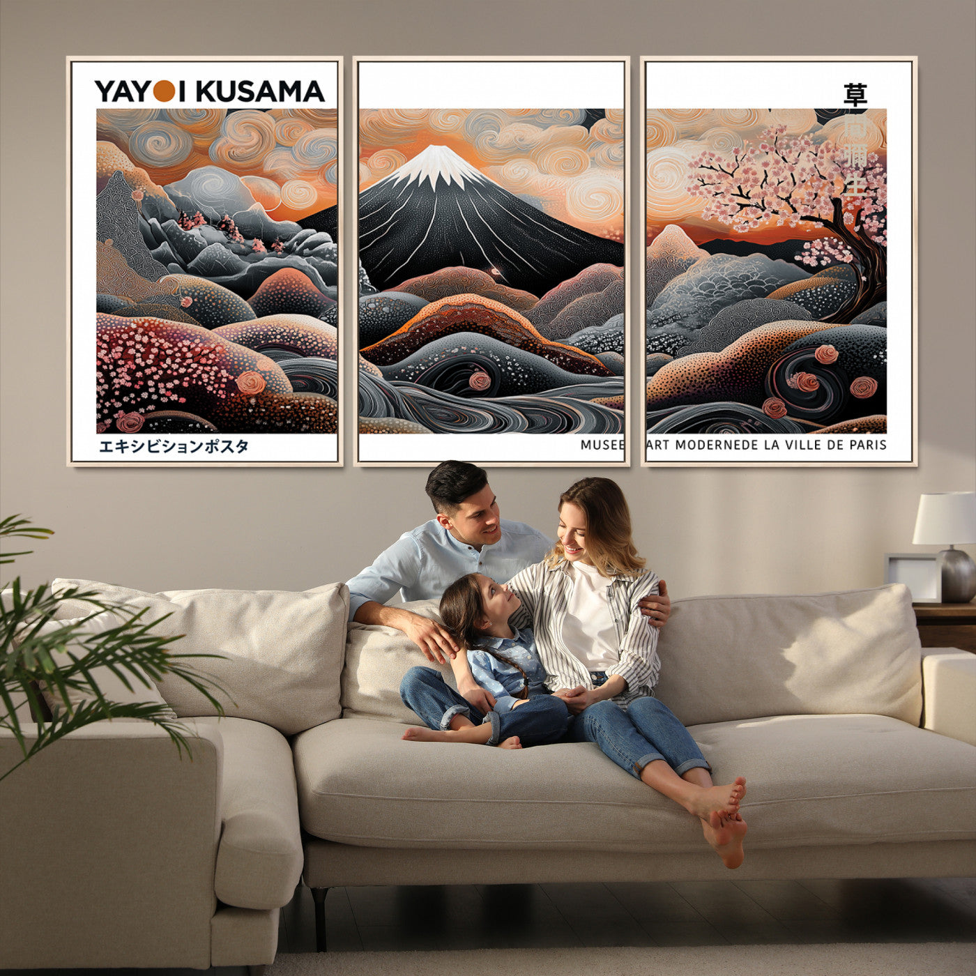 63125329-MGV-FC-60X30-3P-Yayoi Kusama Wall Art Canvas Print, Framed Contemporary Dot Art Picture Print, Japanese Style Perfect Japanese Decor