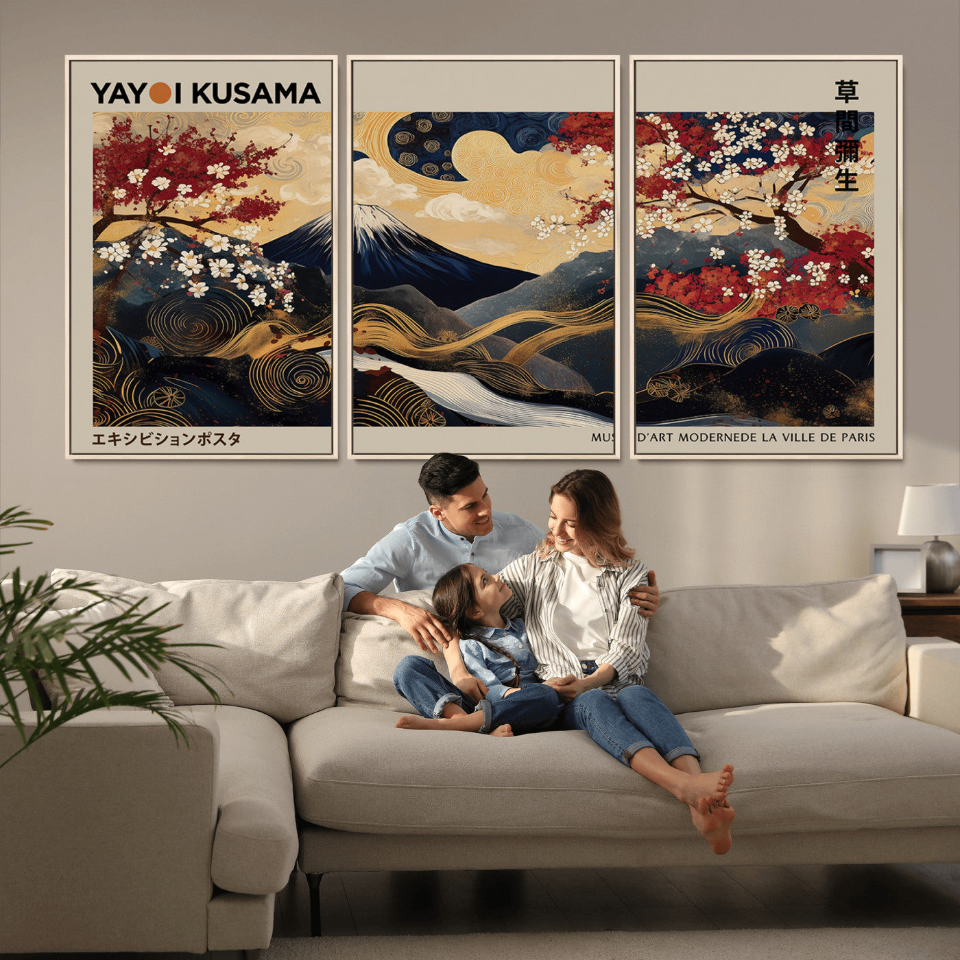 MGV-FC-60X30-3P - Modern Japanese Wall Art, Yayoi Kusama Japanese Print Wall Art, Abstract Mount Fuji Canvas Print,
