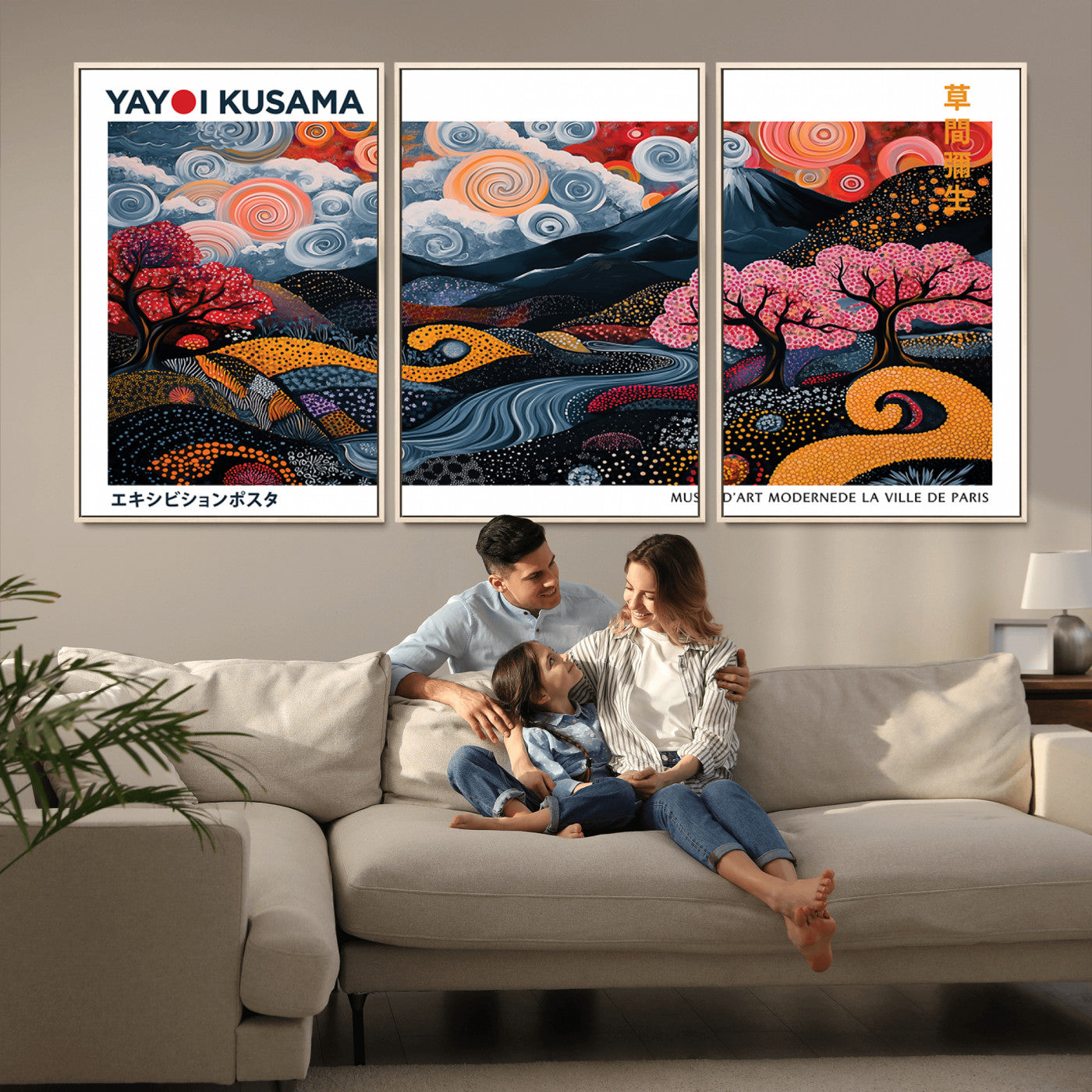 MGV-FC-60X30-3P - Modern Japanese Wall Art Print Yayoi Kusama Canvas Wall Art Abstract Mount Fuji Canvas Print