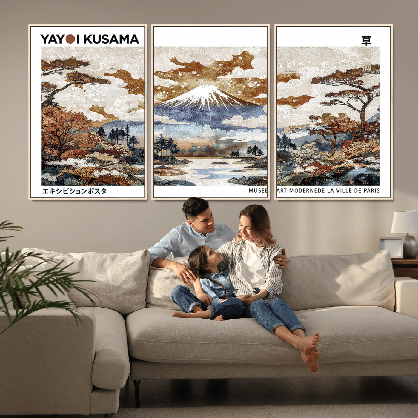 MGV-FC-60X30-3P - Modern Japanese Wall Art Print Yayoi Kusama Canvas Wall Art Abstract Mount Fuji Canvas Print