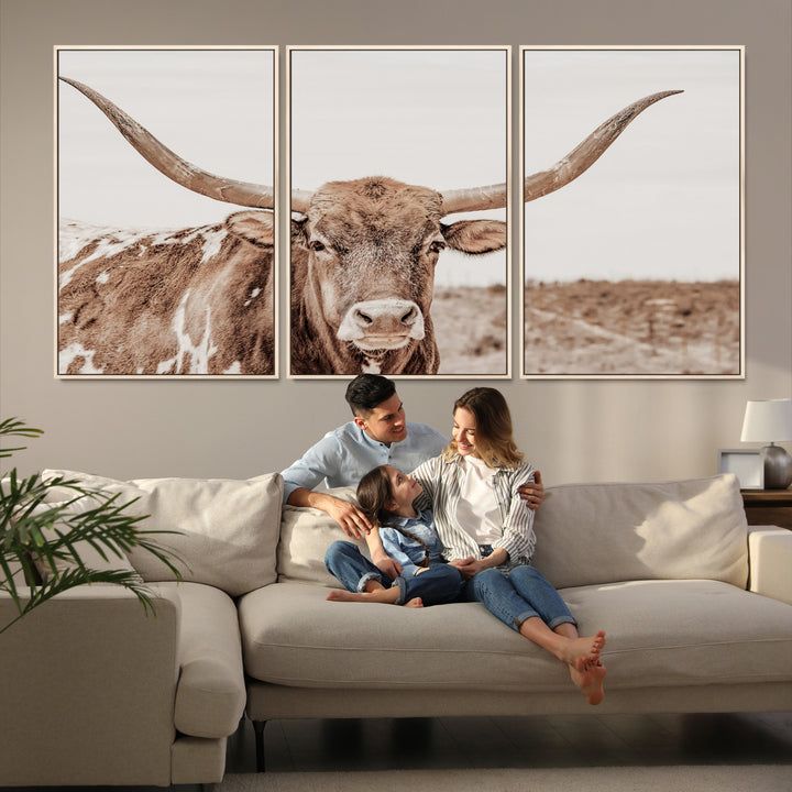 Longhorn Bull Photo Wall Art Canvas Print, Framed Rustic Cow Art Picture Print, Neutral Farmhouse Perfect Rustic Neutral Farmhouse Decor