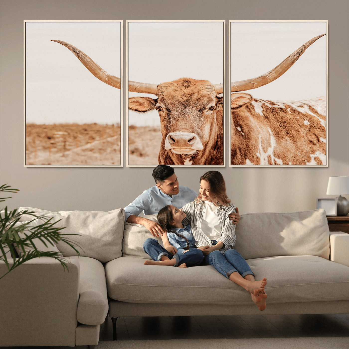 MGV-FC-60X30-3P - Longhorn Bull Wall Art Canvas Print, Framed Western Cow Art Picture Print, Rustic Farmhouse Perfect Neutral Farmhouse Decor Artwork