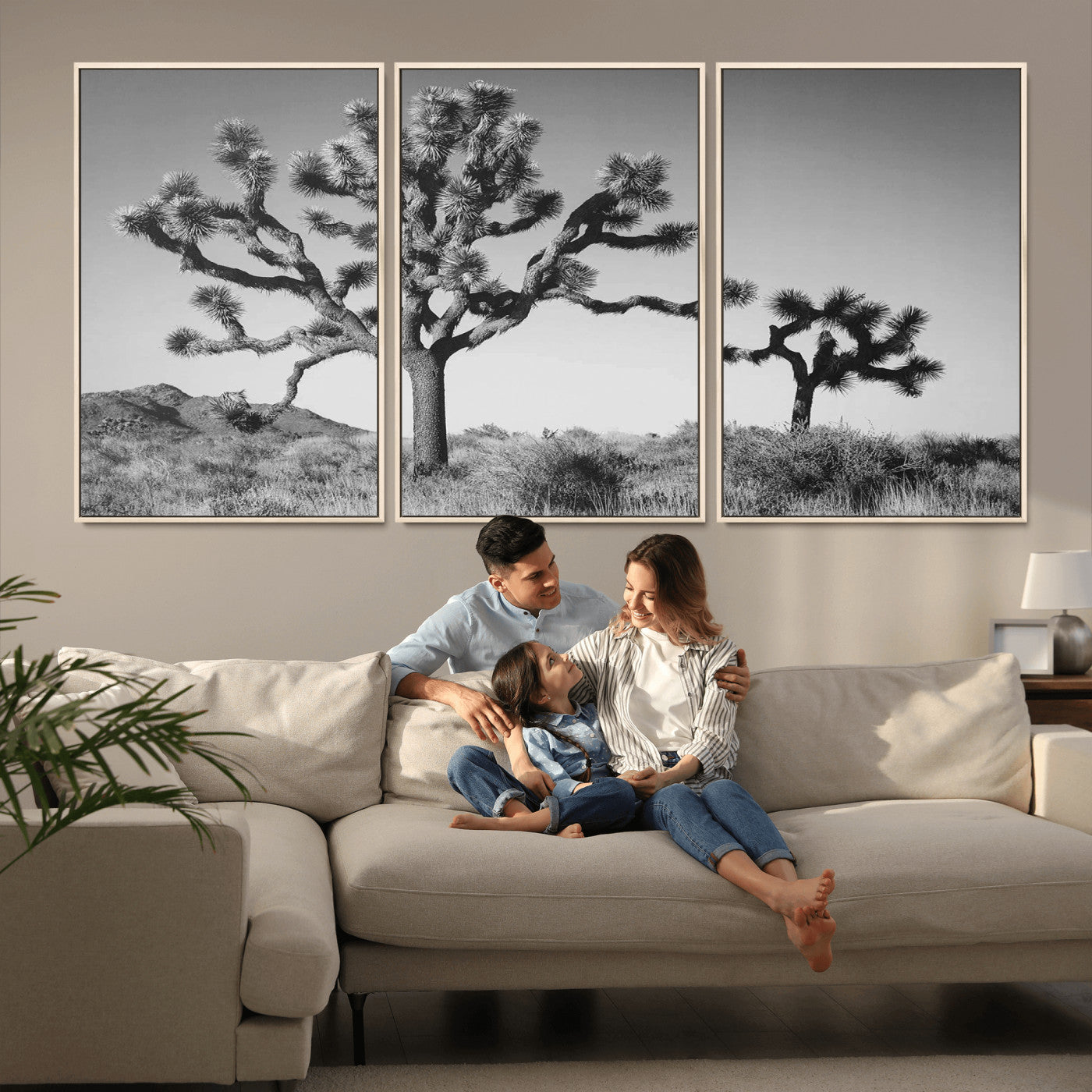 MGV-FC-60X30-3P - Joshua Tree Wall Art Canvas Print, Framed Monochrome Desert Art Picture Print, Minimalist Nature Scene Perfect Southwestern Minimalist Decor Artwork