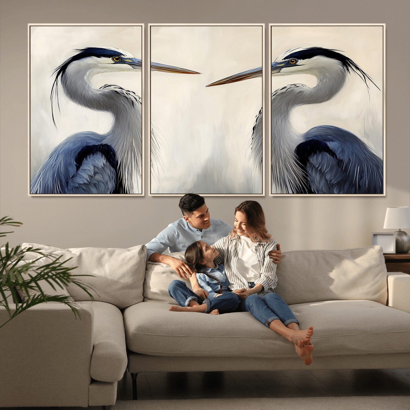 MGV-FC-60X30-3P - Blue Heron Pair Wall Art Canvas Print, Framed Coastal Bird Theme Art Picture Print, Tranquil Wildlife Scene Perfect Coastal Minimalist Decor Artwork