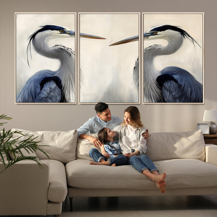 Blue Heron Pair Wall Art Canvas Print, Coastal Bird Theme Print, Framed Tranquil Wildlife Scene Art Print, Large Nature Inspired Decor Printing