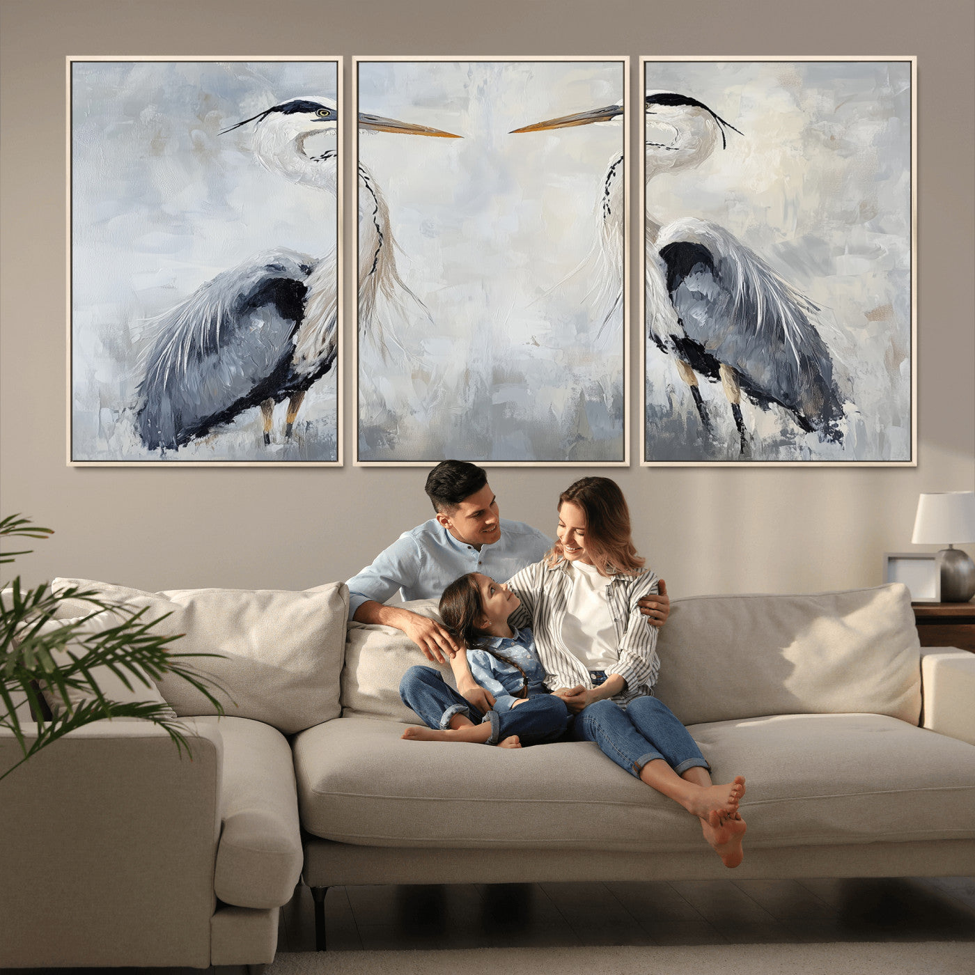 MGV-FC-60X30-3P - Heron Wall Art Wall Art Canvas Print, Framed Bird Canvas Decor Art Picture Print, Nature Inspired Perfect Coastal Minimalist Decor Artwork