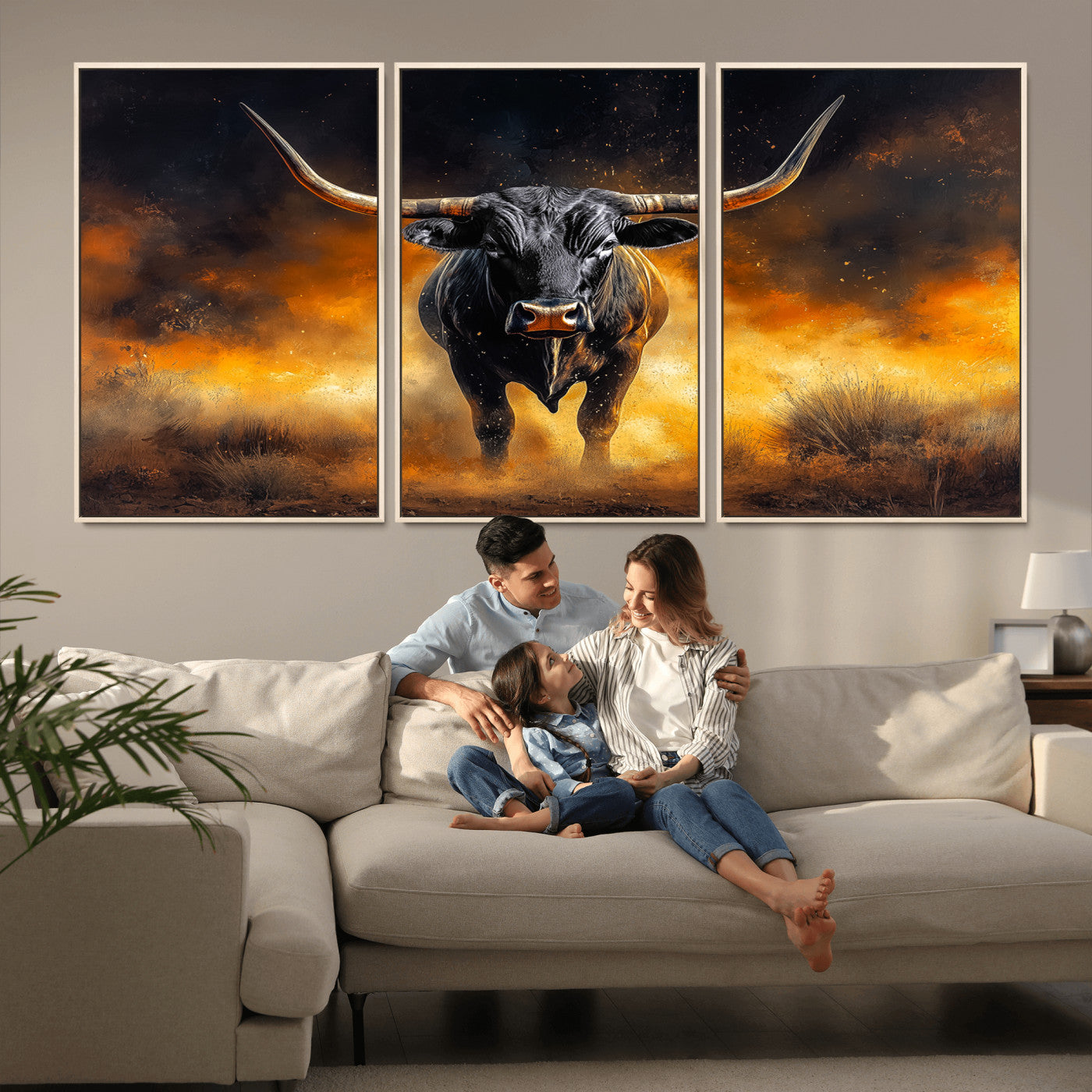 MGV-FC-60X30-3P - Longhorn Canvas Wall Art Canvas Print, Framed Bold Bull Wall Art Art Picture Print, Western Animal Decor Perfect Western Dramatic Decor Artwork