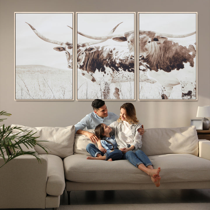 Longhorn Wall Art Wall Art Canvas Print, Western Cow Canvas Print, Framed Rustic Farm Decor Art Print, Large Neutral Animal Scene Printing