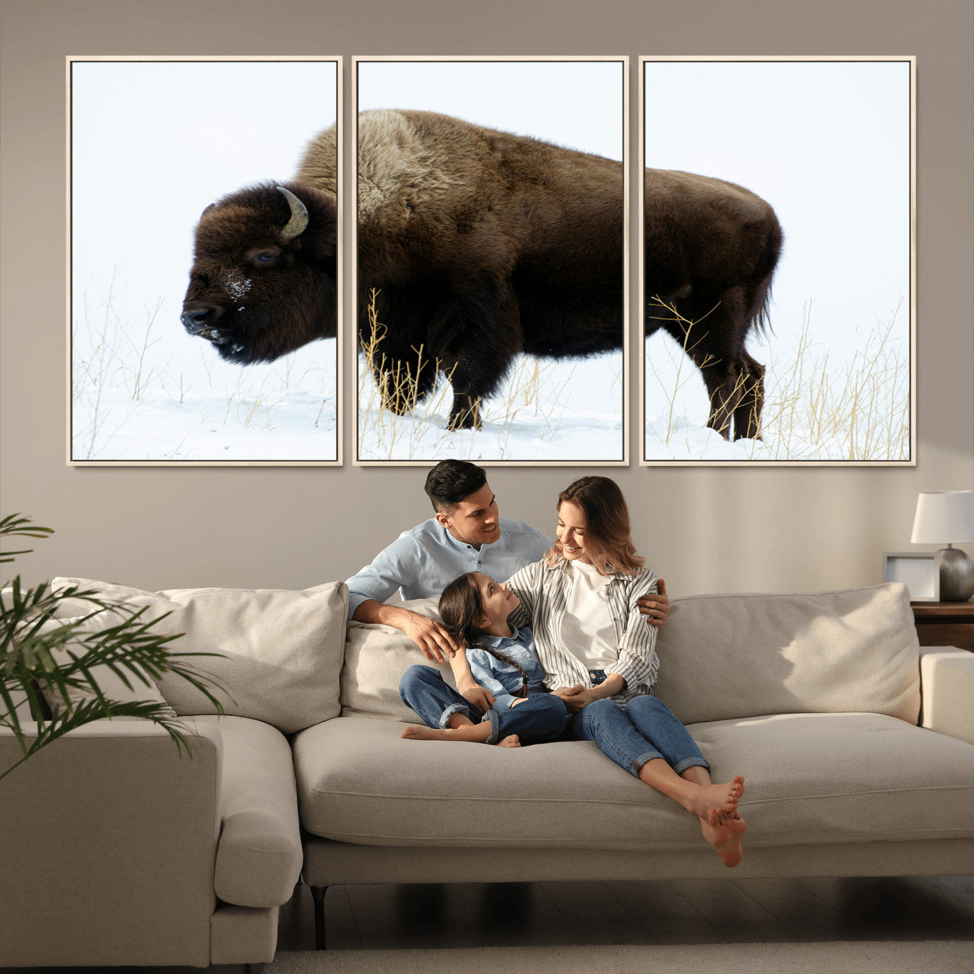MGV-FC-60X30-3P - Bison Photography Wall Art Canvas Print, Framed Western Wildlife Art Picture Print, Buffalo On Snow Perfect Western Decor Artwork