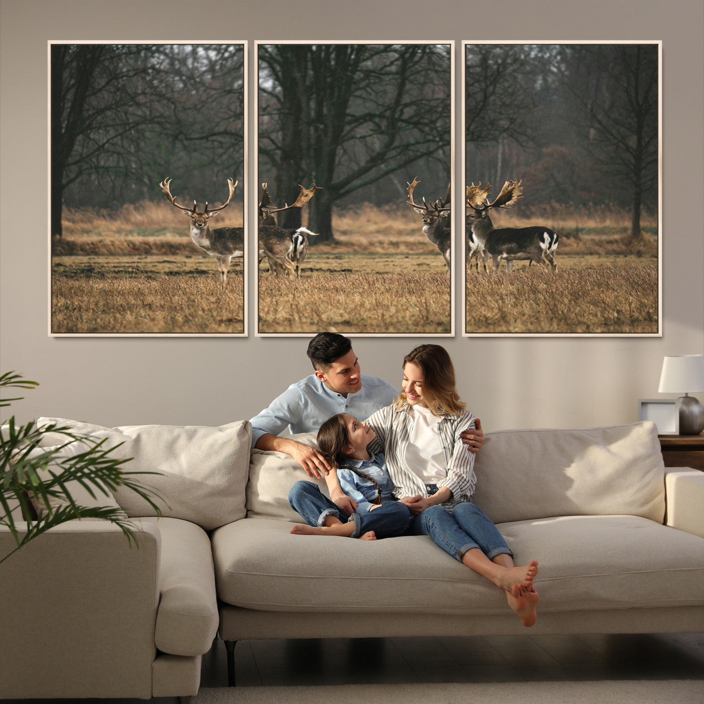 55348744-MGV-FC-60X30-3P_Natural-Deer Photography Wall Art Canvas Print, Framed Rustic Wildlife Art Picture, Rustic Deer Wall Art Print
