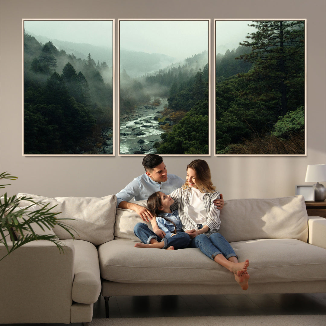 Misty Forest Wall Art Canvas Print, Framed Foggy River Art Picture Print, Moody Landscape Perfect Wilderness Decor Artwork