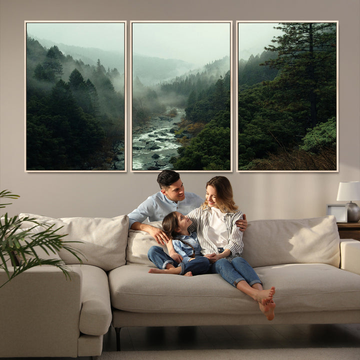 Misty Forest Wall Art Canvas Print, Framed Foggy River Art Picture Print, Moody Landscape Perfect Wilderness Decor Artwork