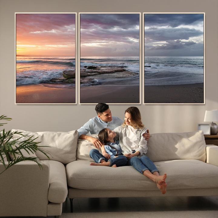 Golden Hour Wall Art Canvas Print, Framed Tranquil Waves Art Picture Print, Beach Perfect Coastal Serenity Decor Artwork