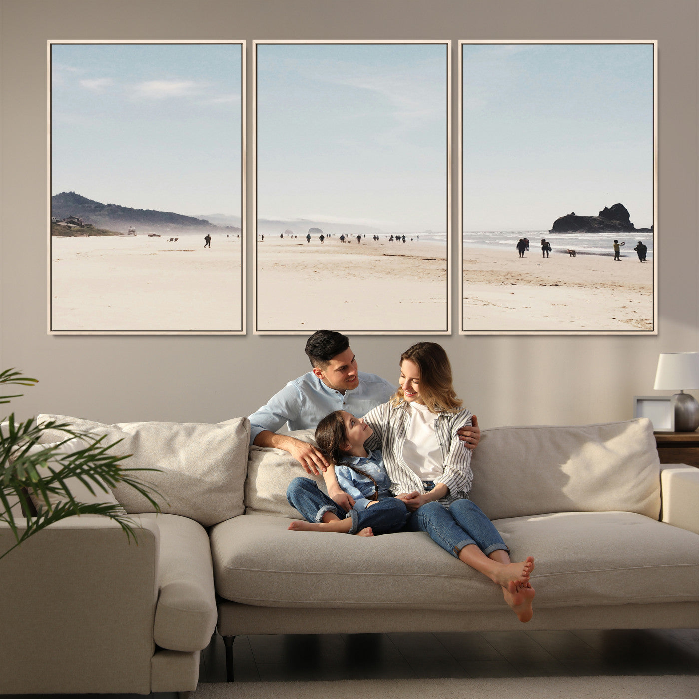 28307820-MGV-FC-60X30-3P_Natural-Minimalist Beach Wall Art Canvas Print, Framed Coastal Serenity Art Picture Print, Soft Sand Perfect Coastal Decor Artwork