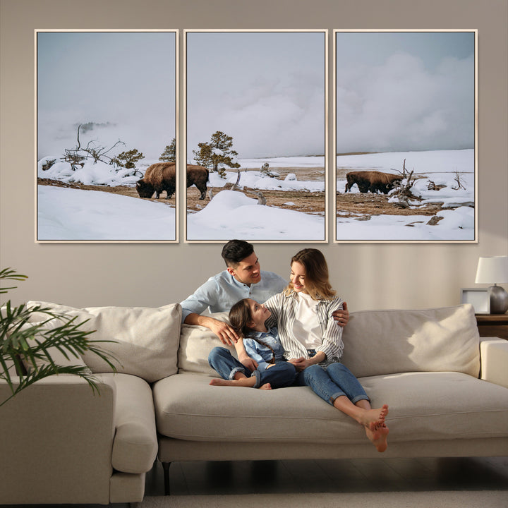 Bison Wildlife Wall Art Canvas Print, Framed Snowy Prairie Art Picture Print, Western Perfect Rustic Decor Artwork