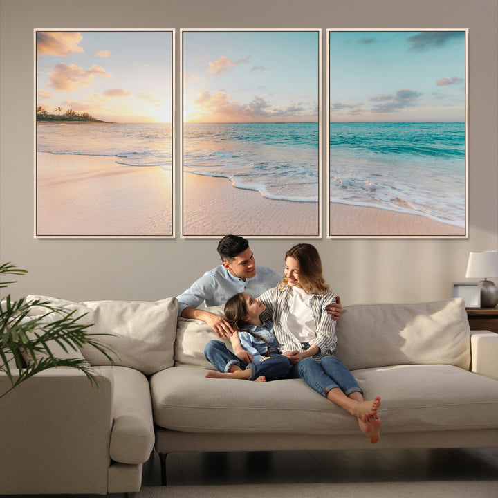 Beach Sunset Wall Art Canvas Print, Framed Ocean Waves Art Picture Print, Summer Escape Perfect Coastal Decor Artwork