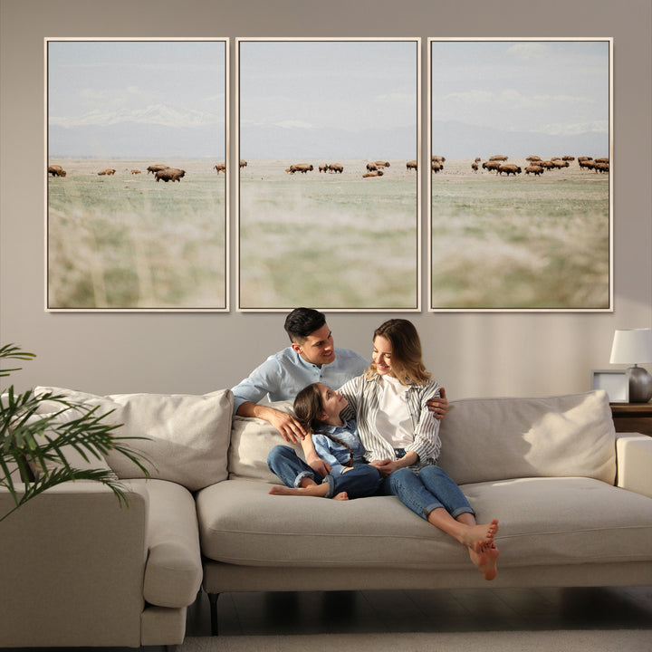 Bison Herd Wall Art Canvas Print, Framed Western Art Picture Print, Bison Perfect Ranch Decor Artwork