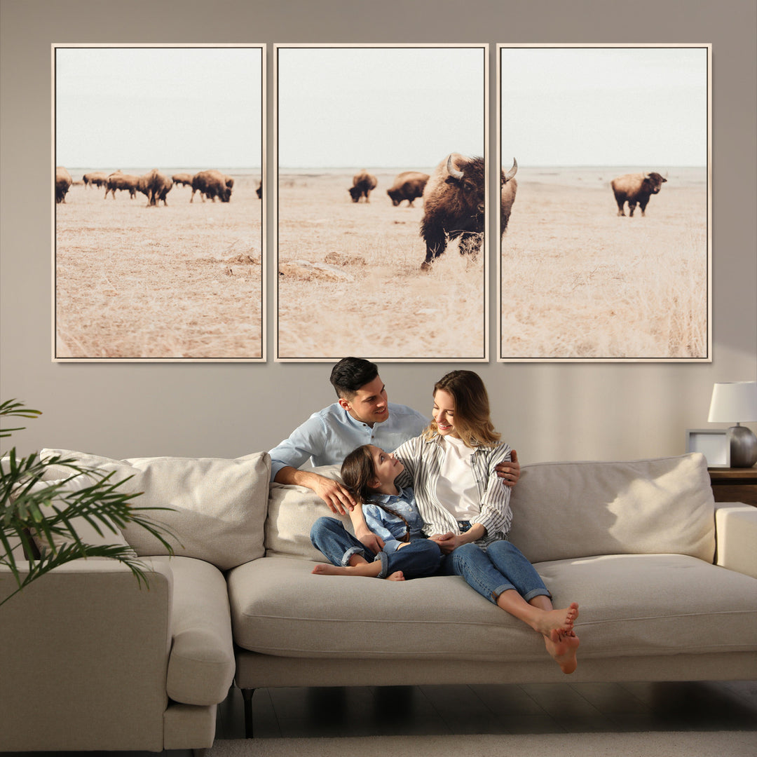 Bison Herd Wall Art Canvas Print, Framed Western Art Picture Print, Prairie Serenity Perfect Ranch Decor Artwork
