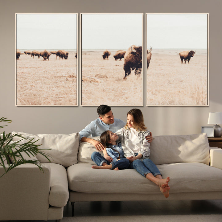 Bison Herd Wall Art Canvas Print, Framed Western Art Picture Print, Prairie Serenity Perfect Ranch Decor Artwork
