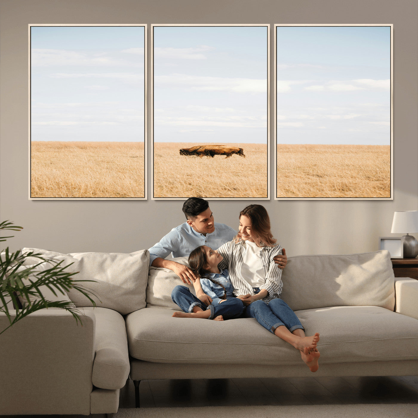 MGV-FC-60X30-3P - Minimalist Nature Wall Art Canvas Print, Framed Bison In Grassland Art Picture Print, Open Field Perfect Modern Ranch Decor Decor Artwork