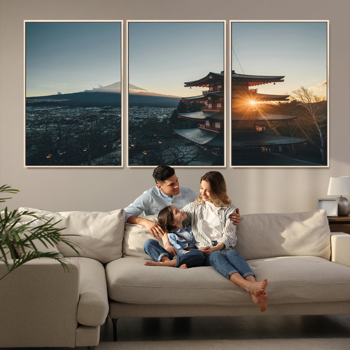 Chureito Pagoda at sunset with Mount Fuji in the background, city lights below, and golden sun rays, ideal for Japanese-inspired wall art.